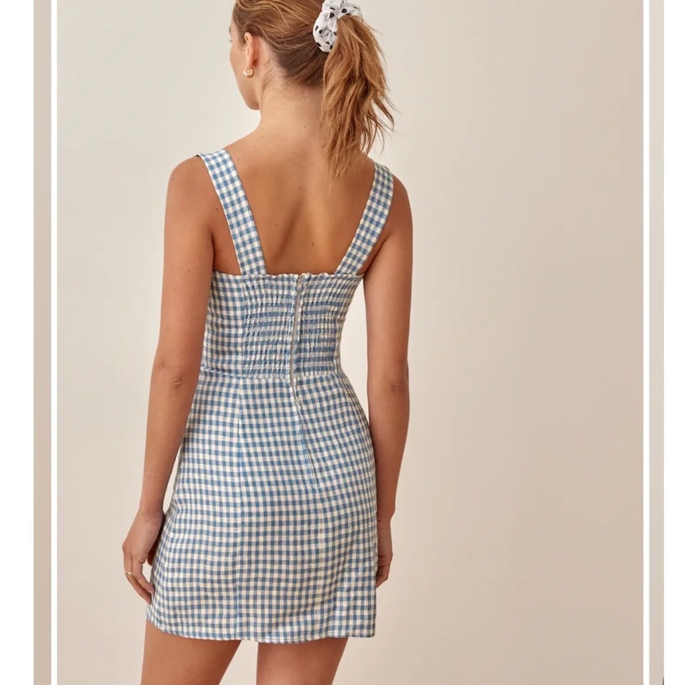 REFORMATION Brigitte linen dress Mini Gingham Blue Size 0 - Picture 3 of 9
